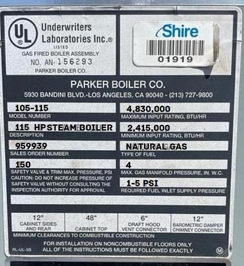 Used 110 HP Parker Boiler Co. Steam Boiler 1997 Model 105-115