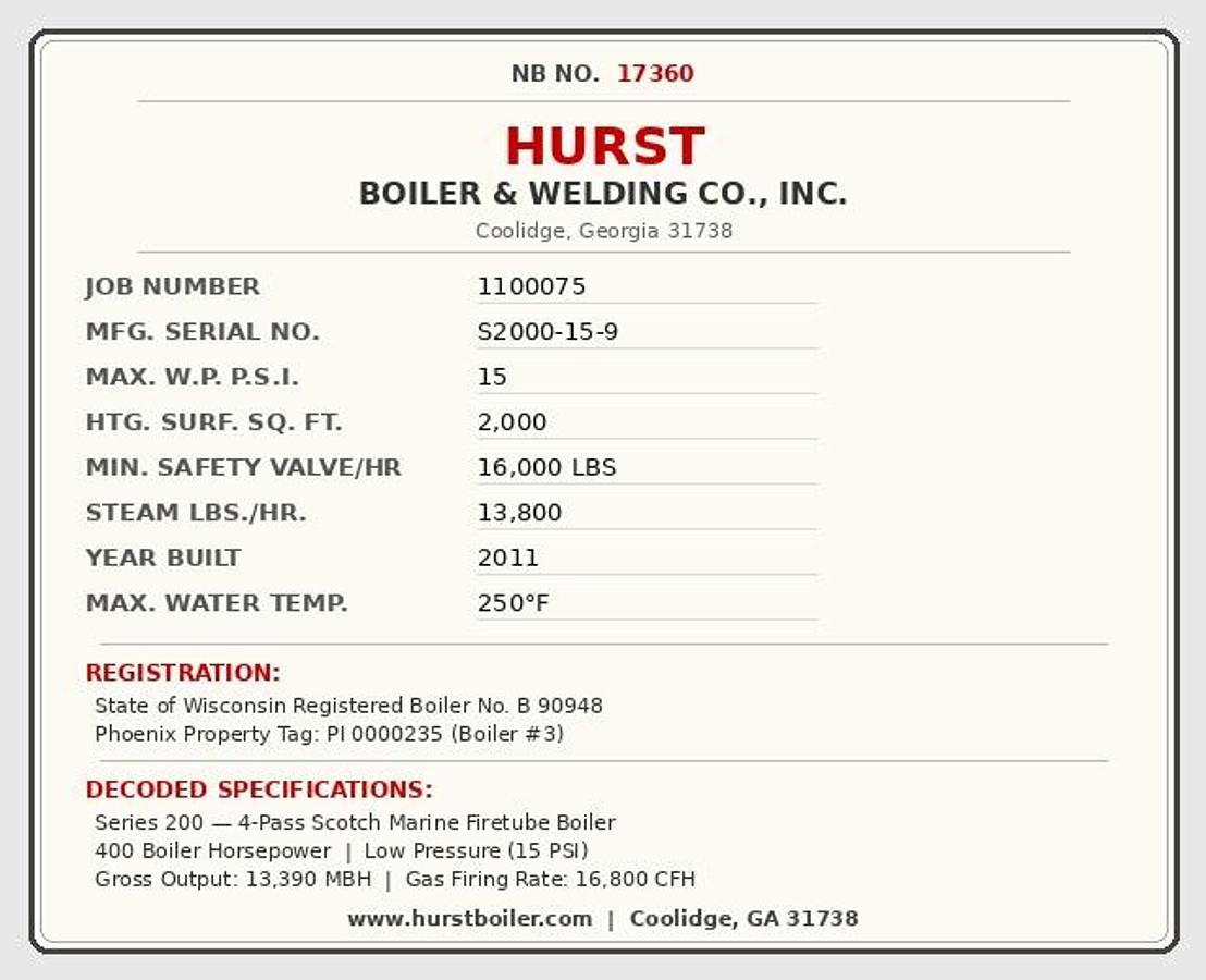 Used Hurst Boiler 400HP 15PSI S2000-15-9 4-Pass Scotch Marine Firetube Steam Boiler 2011