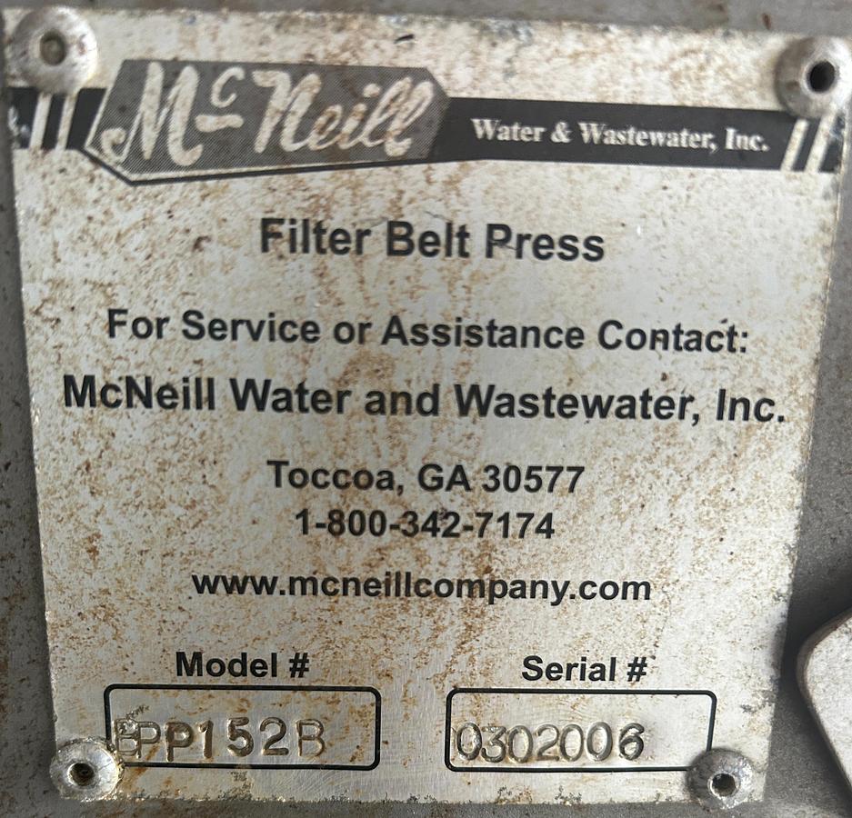 Used McNeill Water Wastewater Filter Belt Press Model FPP152B Serial 0302006 Sludge Dewatering