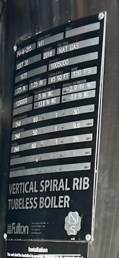 Used Fulton Vertical Spiral Rib Tubeless Boiler System – 2018, 1,050,000 BTU/hr, 150 PSI