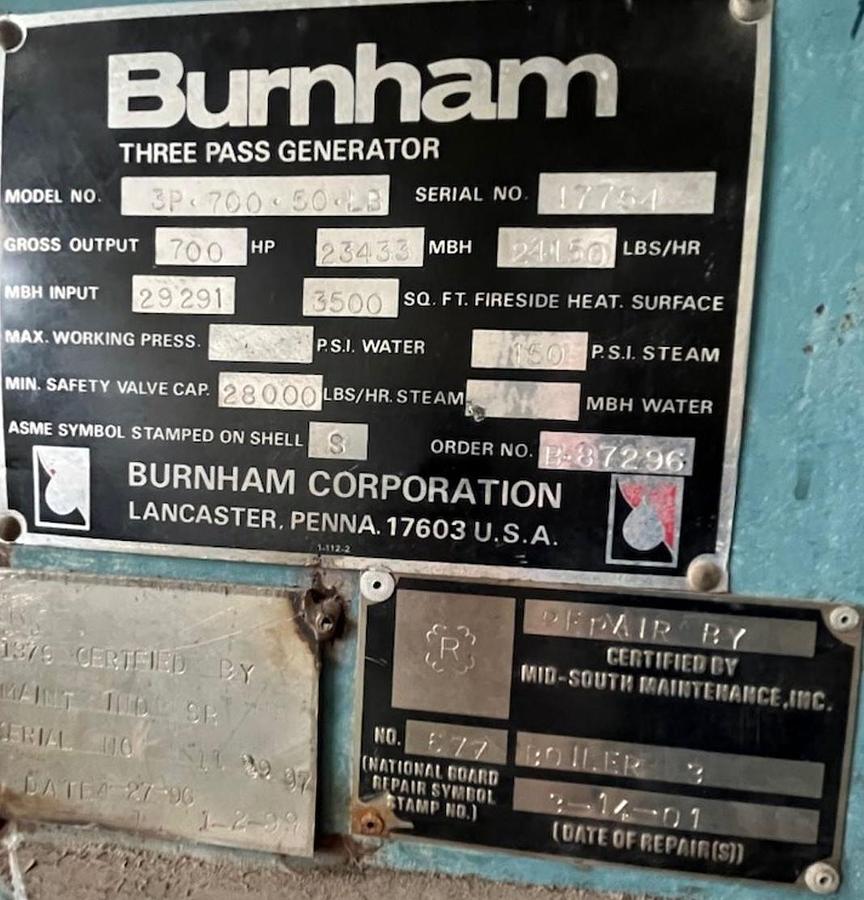 Used Burnham 700 HP 150 PSI Industrial Steam Boiler - 3P-700-50-LB with Cleaver Brooks Controls