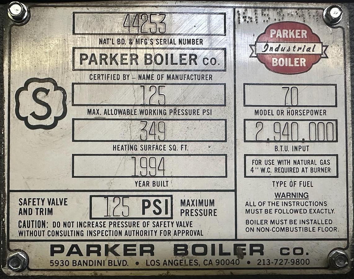 Used Parker Industrial Steam Boiler 70 HP 125 PSI Model 70 1994