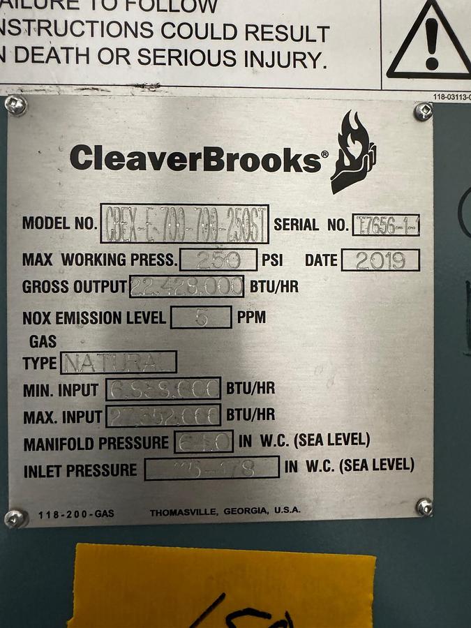 Used Cleaver Brooks CBEX-E-700-700-250ST Steam Boiler 700 HP 250 PSI Natural Gas 2019