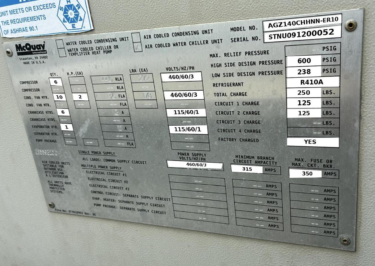 Used McQuay 140 Ton Air-Cooled Scroll Chiller AGZ140CHHNN-ER10 2009