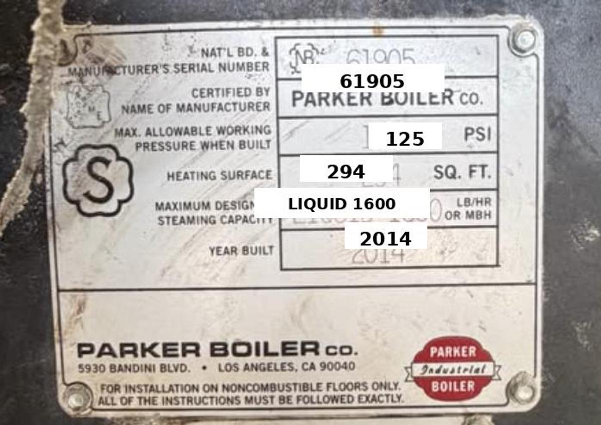 Used Used 2014 Parker 46HP 125PSI Liquid Boiler