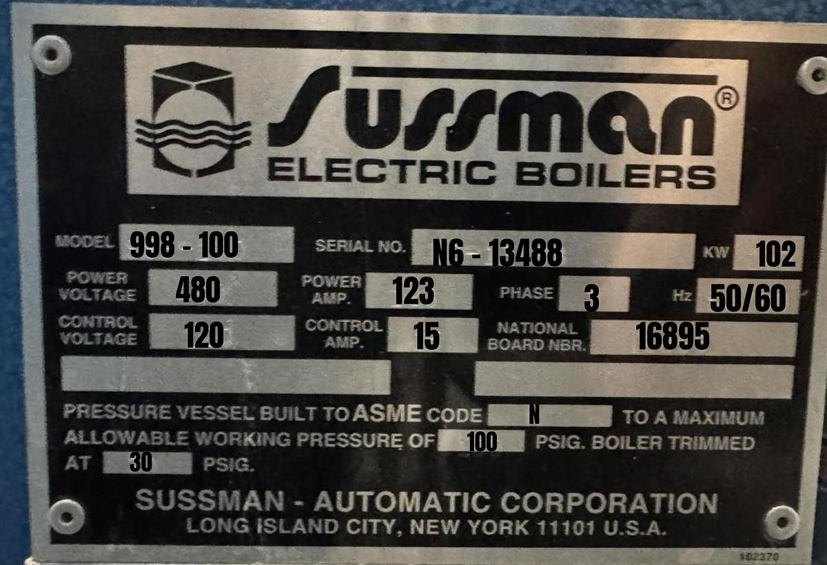 Used Sussman SSB100 Electric Steam Boiler - 102 kW, 480V 3-Phase, ASME, National Board (Serial# N6-13488)