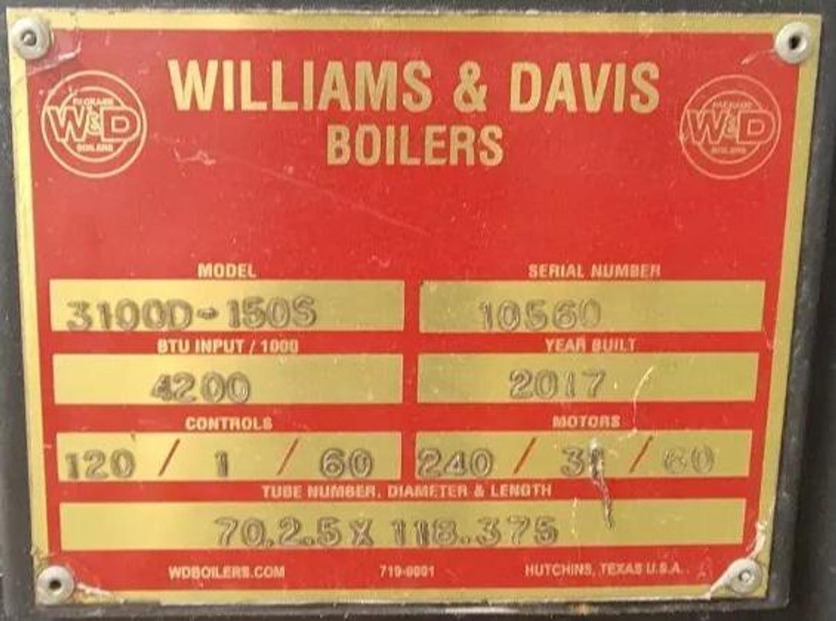 Used Williams & Davis 150HP Steam Boiler w/ Ancillary Equipment - Model 3100D-150S, 5,175 MBH Input (2017)