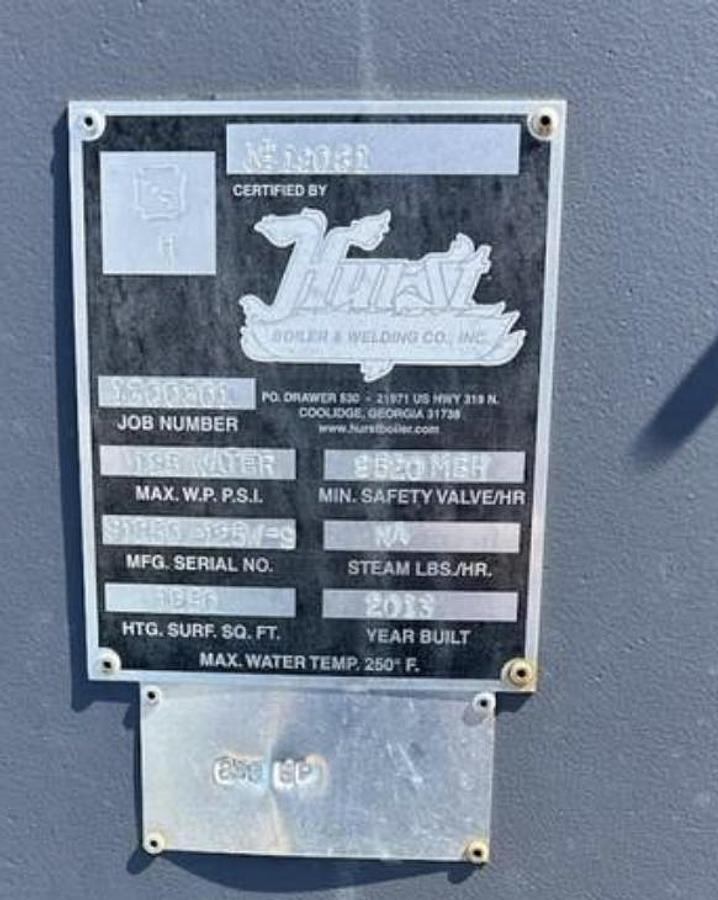 Used 250 HP Hurst 500 Series Scotch Marine Hot Water Boiler – 125 PSI – 2013