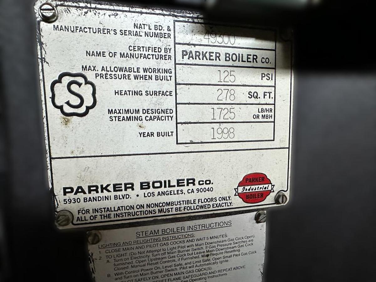 Used Parker Boiler Co. 1725 LB/HR High-Pressure Steam Boiler – 1998