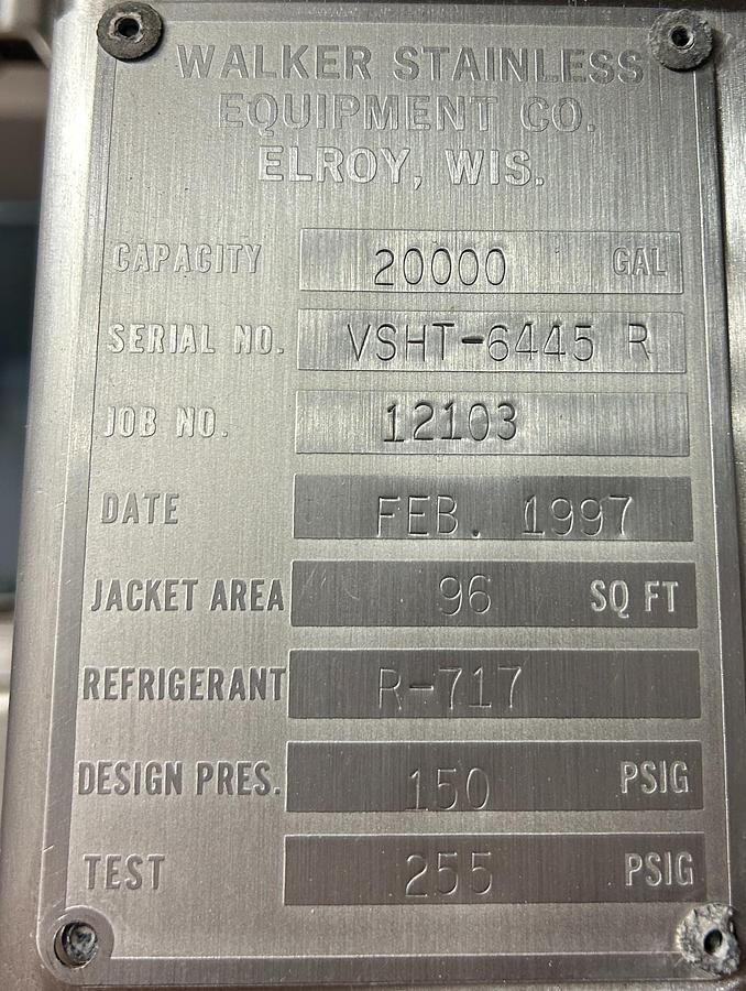 Used Walker Stainless 20,000 Gallon Jacketed Stainless Steel Storage Tanks SA240/T316L R-717 Lot of 4 1997