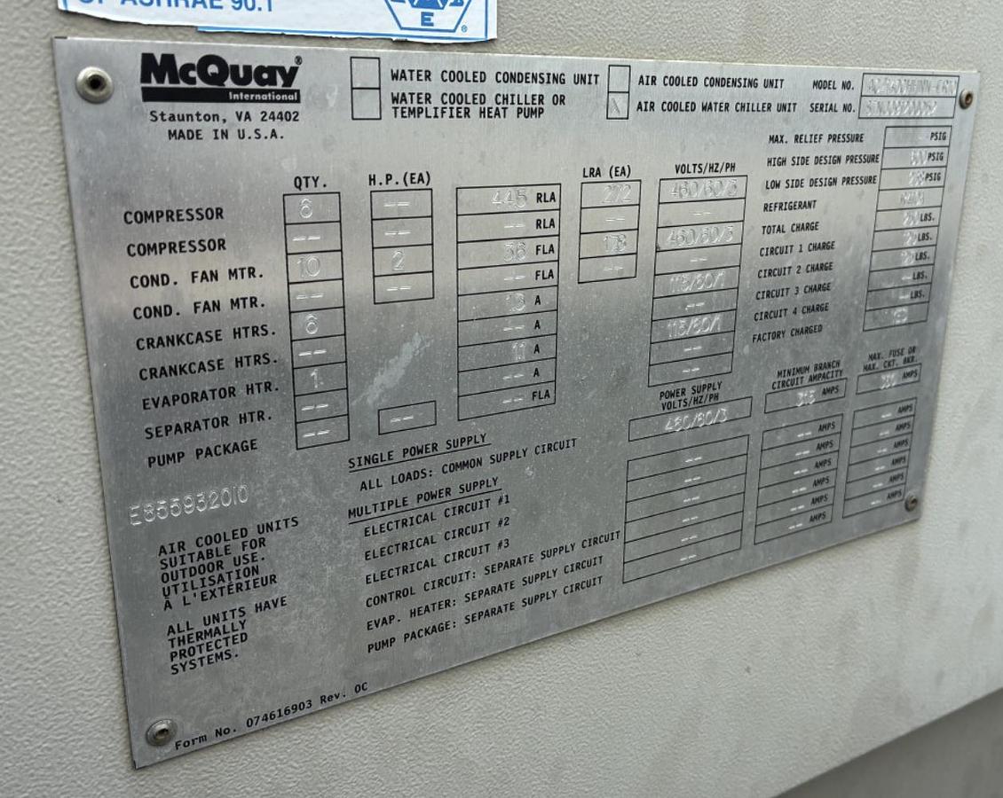 Used McQuay 140 Ton Air-Cooled Scroll Chiller AGZ140CHHNN-ER10 2009