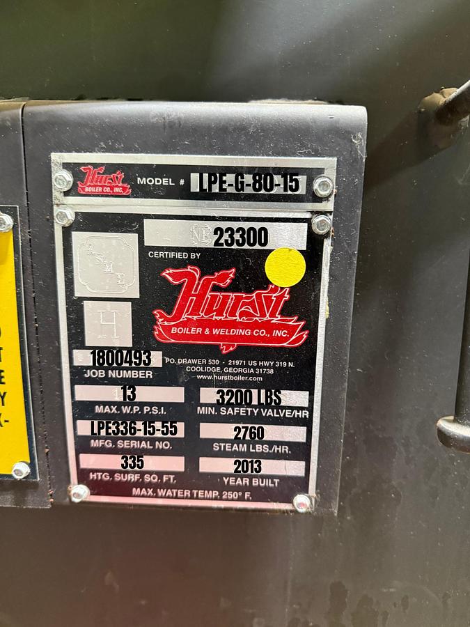 Used Hurst 80 HP Low Pressure Steam Boiler – LPE-G-80-15 (2013)