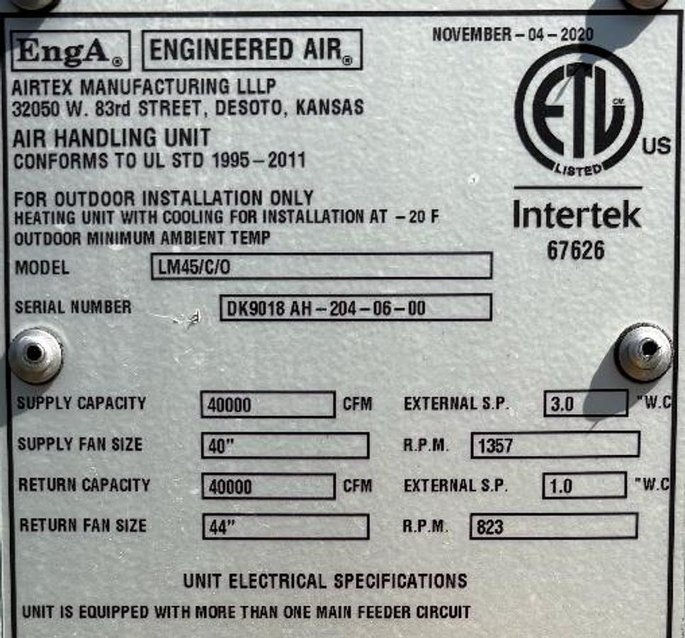 Used Engineered Air 40,000 CFM Air Handling Units – LM46C/C