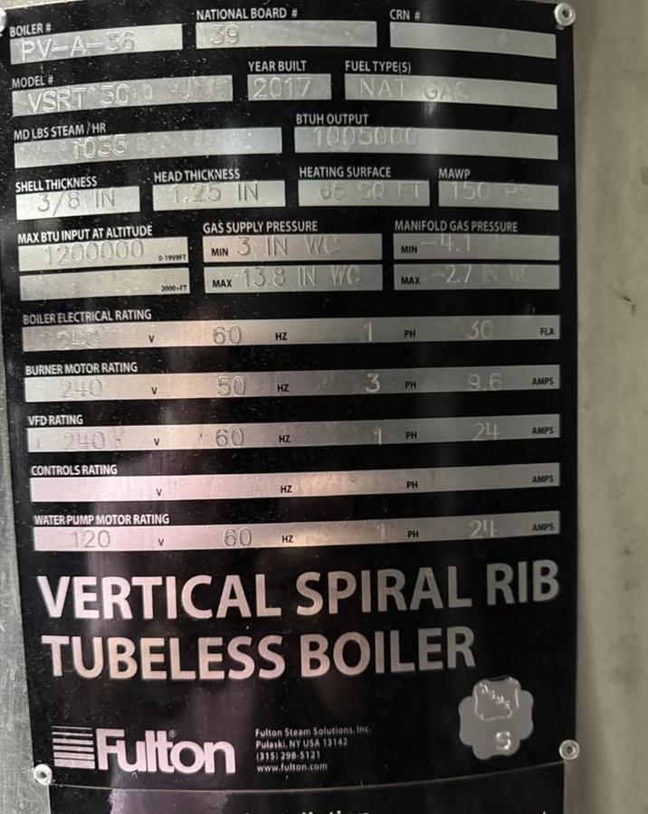 Used Fulton 30HP 150PSI Steam Boiler VSRT 30 2017