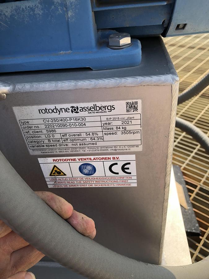 Used Rotodyne CV-250/400-P16K30 Centrifugal Fan with Vertical Discharge System (2021)