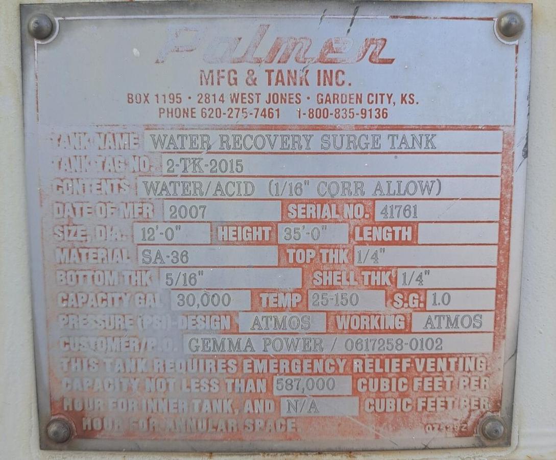 Used Palmer 30,000 Gallon Water Recovery Surge Tank – Model 2-TK-2015 (2007)