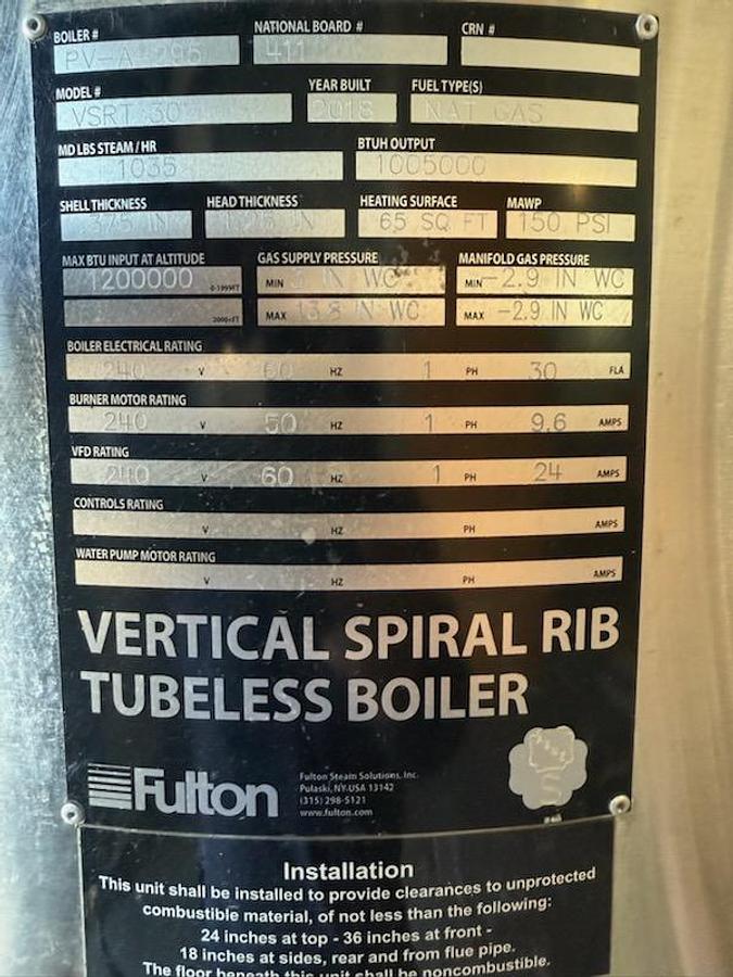 Used Fulton Vertical Spiral Rib Tubeless Boiler System – 2018, 1,050,000 BTU/hr, 150 PSI