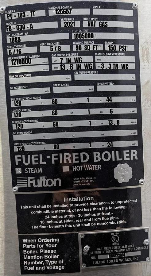 Used Fulton Classic 30HP 150PSI Vertical Tubeless Steam Boiler FB-030-A 2021