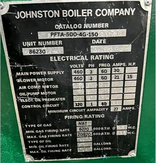 Used 500 HP Johnston Boiler Co. 150 PSI Steam Boiler 1989 Model PFTA-500-4G-150
