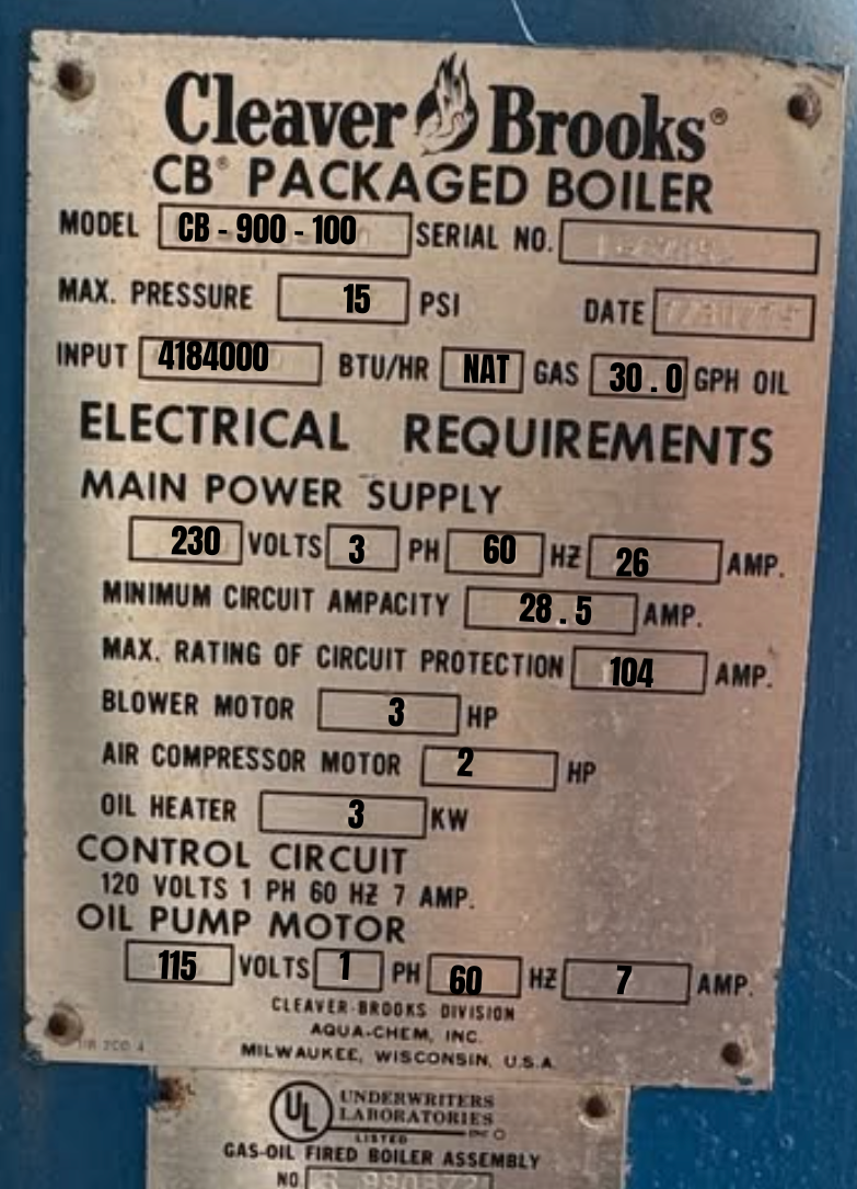 Used Cleaver Brooks CB-900-100 Packaged Steam Boiler 100 HP Low Pressure Dual Fuel Gas Oil 15 PSI Container Mounted Skid Built 1979