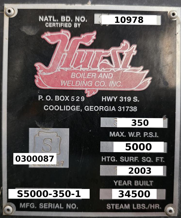 Used Used 2003 Hurst 350HP 350PSI Steam Boiler