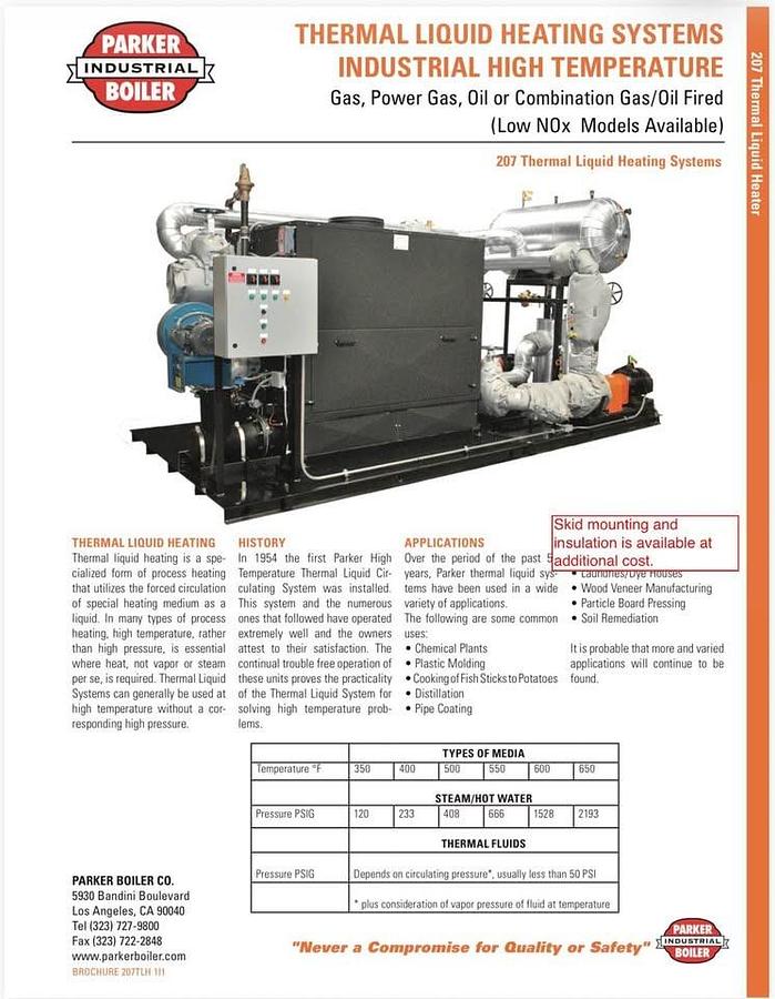 Used Parker Boiler Thermal Liquid Heater 125 PSI HT1920 1920000 BTU Natural Gas