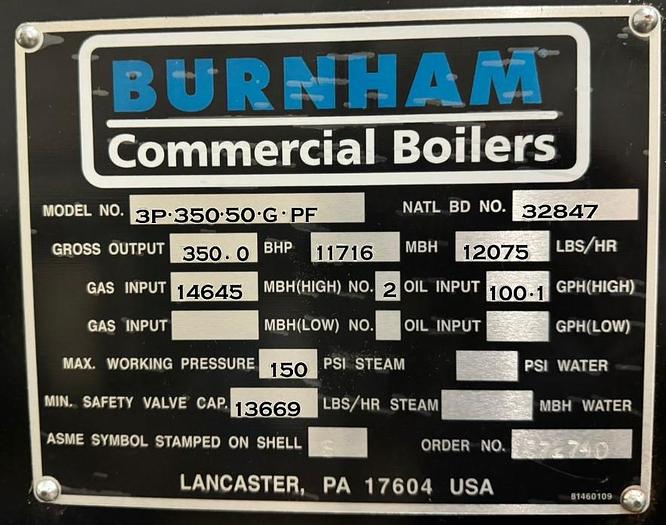Used 350 HP Burnham 150 PSI Steam Boiler Model 3P 350 50 G PF