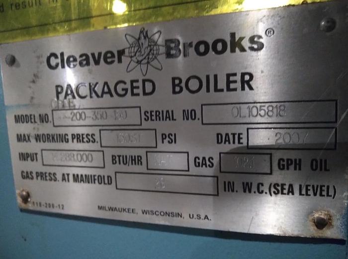 Used 350 HP Cleaver Brooks 150 PSI Steam Boiler 2007 Model CBLE-200-350-150