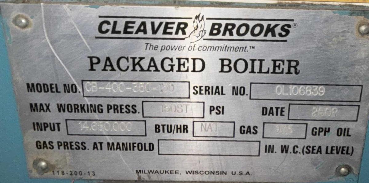 Used Cleaver Brooks 350 HP High Pressure Steam Boiler – CB-400-350-150 (2008)