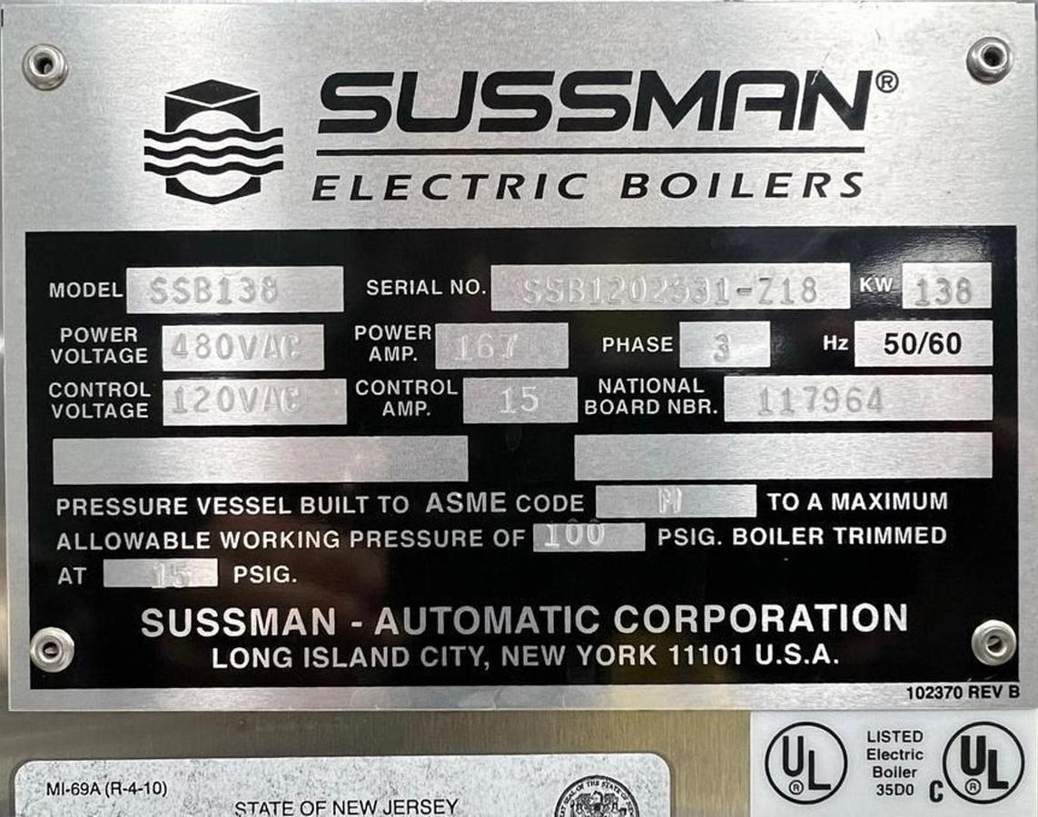 Used Sussman SSB138 Stainless Steel Electric Steam Boiler - 138 kW, 480V 3-Phase, ASME, w/Shipco Pumps (NB# 117964)