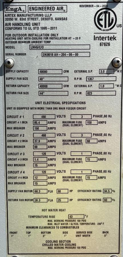 Used Engineered Air 40,000 CFM Air Handling Units – LM46C/C