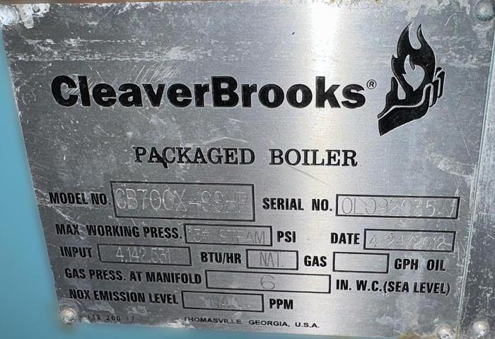 Used 100 HP Cleaver Brooks 15 PSI Low-Pressure Steam Boiler – 2012 CB700X-99-P