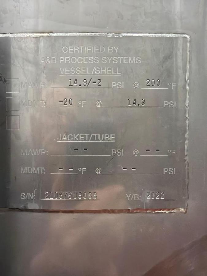 Used 2022 JBT A&B Process Systems Stainless Steel Jacketed Tank with Mixer — MAWP 14.9 PSI @ 200°F — S/N 2106760303B