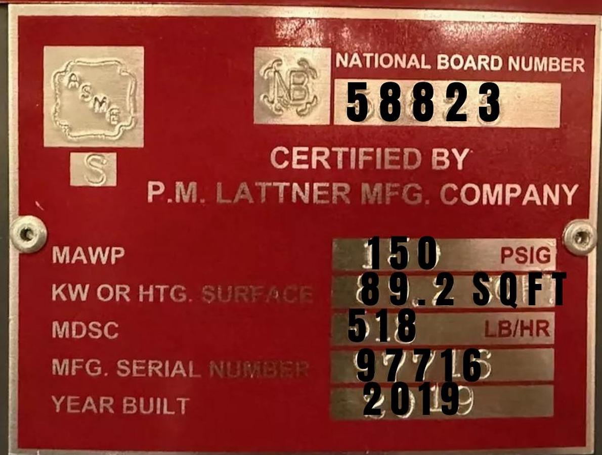 Used 2019 Lattner Boiler Company 15 HP Natural Gas Steam Boiler System — Model WLF — S/N 97716 — Complete System with Feedwater Tank, Condensate Receiver & Controls