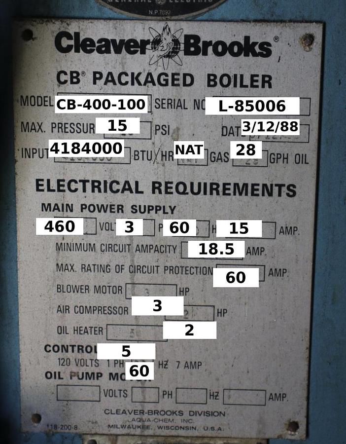 Used 1988 Cleaver Brooks CB-400-100 100 HP 15 PSI Dual-Fuel Steam Boiler