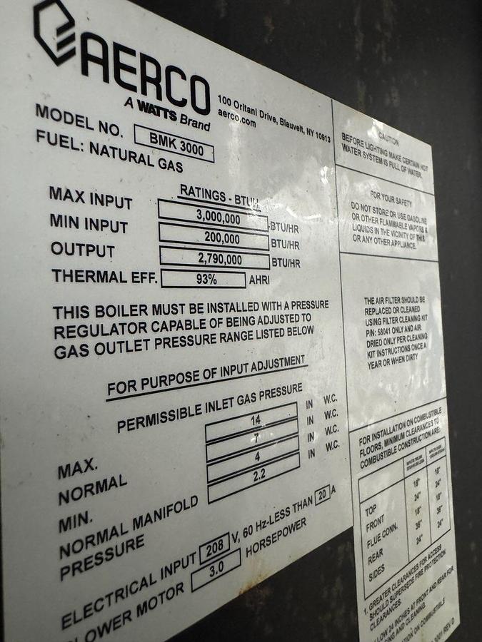 Used AERCO Benchmark BMK 3000 High-Efficiency Condensing Boiler – 3,000,000 BTU/hr, Approx. 83 HP (93% Thermal Efficiency)