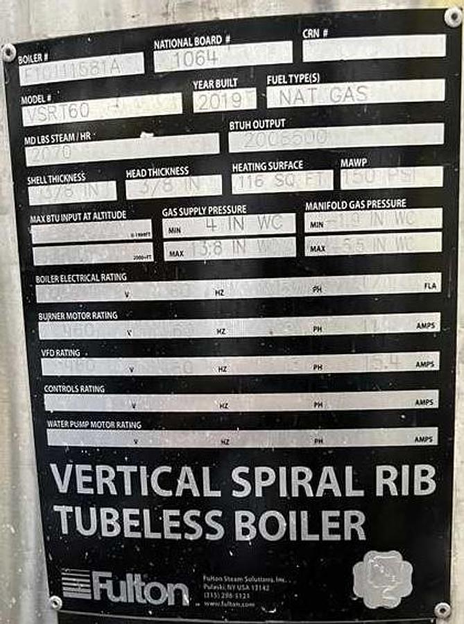 Used Fulton VSRT60 60HP 150PSI Vertical Spiral Rib Tubeless Steam Boiler - 2019