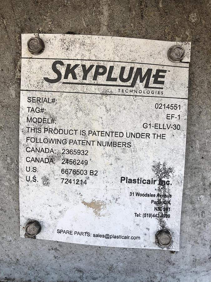 Used Skyplume EF-1 G1-ELLV-30 Exhaust Fan with Vertical Discharge Stack