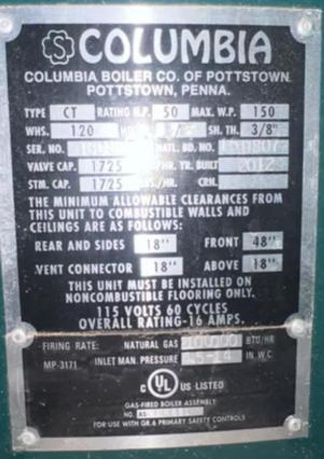 Used Columbia Boiler CT-Series Vertical Steam Boiler 50 HP Type CT Natural Gas Power Flame JR50A-15 Burner 150 PSI MAWP Built 2012
