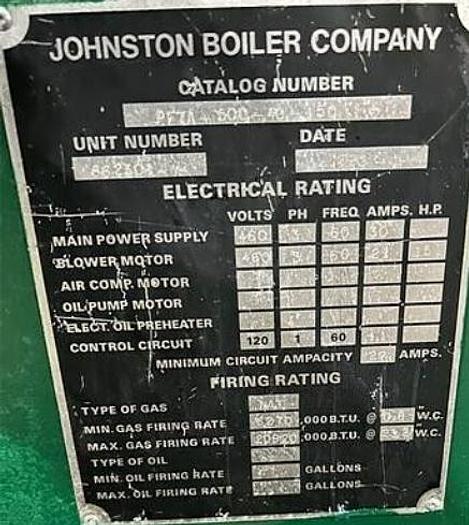 Used 500 HP Johnston Boiler Co. 150 PSI Steam Boiler 1989 Model PFTA-500-4G-150