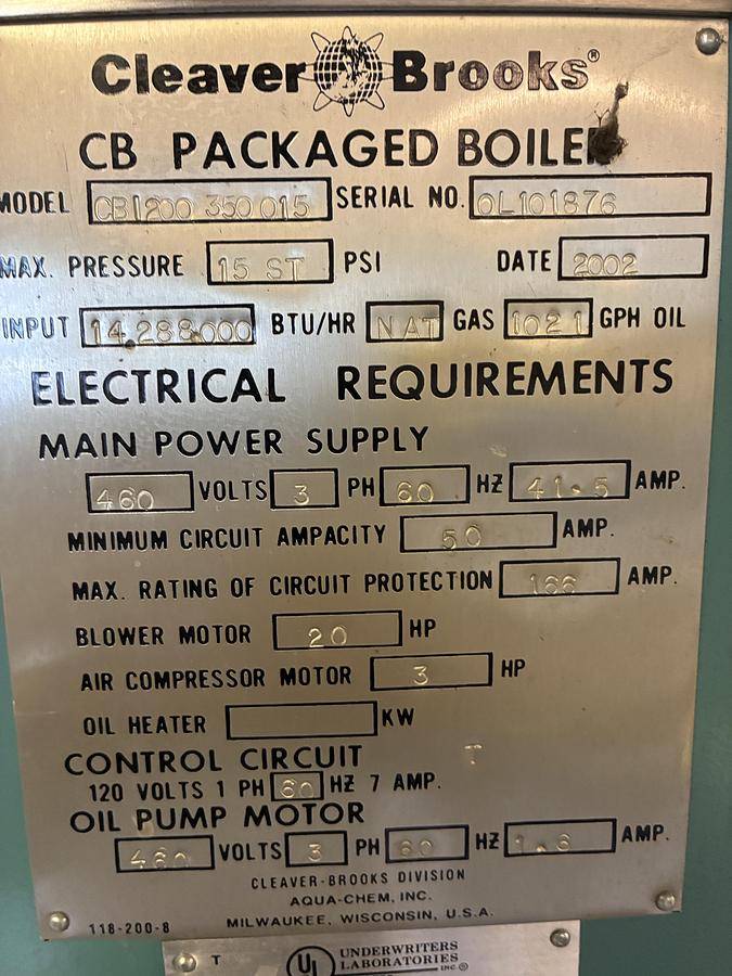 Used 2002 Cleaver Brooks CB 350 HP Steam Boiler – 15 PSI (Recently Serviced)