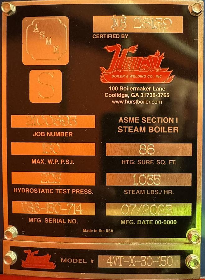 Used Hurst 4VT-X-30-150 Vertical Tubeless Steam Boiler 30 HP 150 PSI 1035 lbs/hr 2023