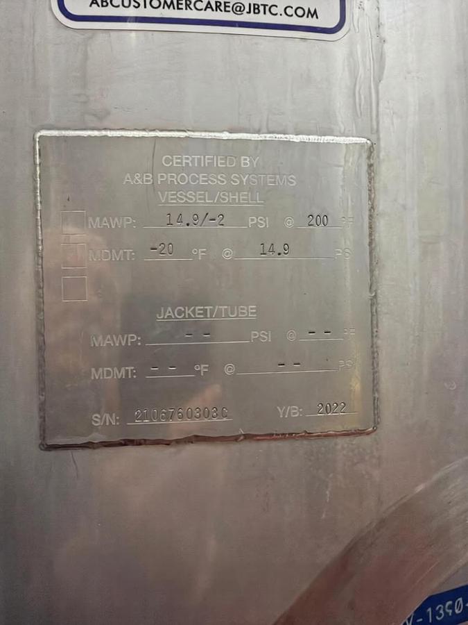 Used 2022 JBT A&B Process Systems Stainless Steel Jacketed Tank with Mixer — MAWP 14.9 PSI @ 200°F — S/N 2106760303C