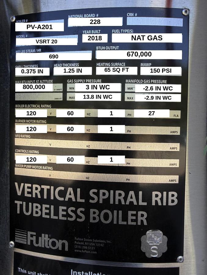 Used Fulton 20HP 150PSI Steam Boiler VSRT 20 2018 w/ Feedwater Tank & Blowdown Separator