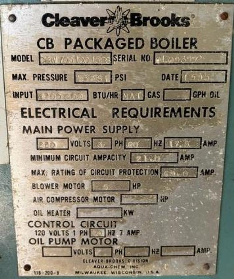 Used Cleaver Brooks 100HP 150PSI CBW-700-100-150-ST Steam Boiler Natural Gas 1995