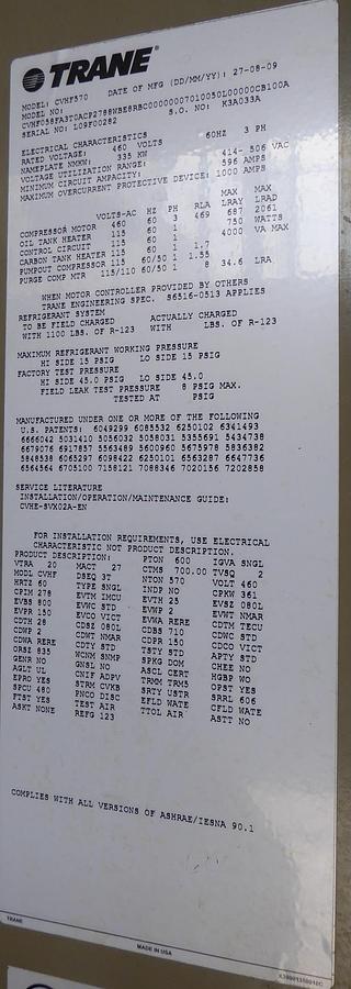 Used Trane CenTraVac Water Chiller 600 Tons – CVHF570