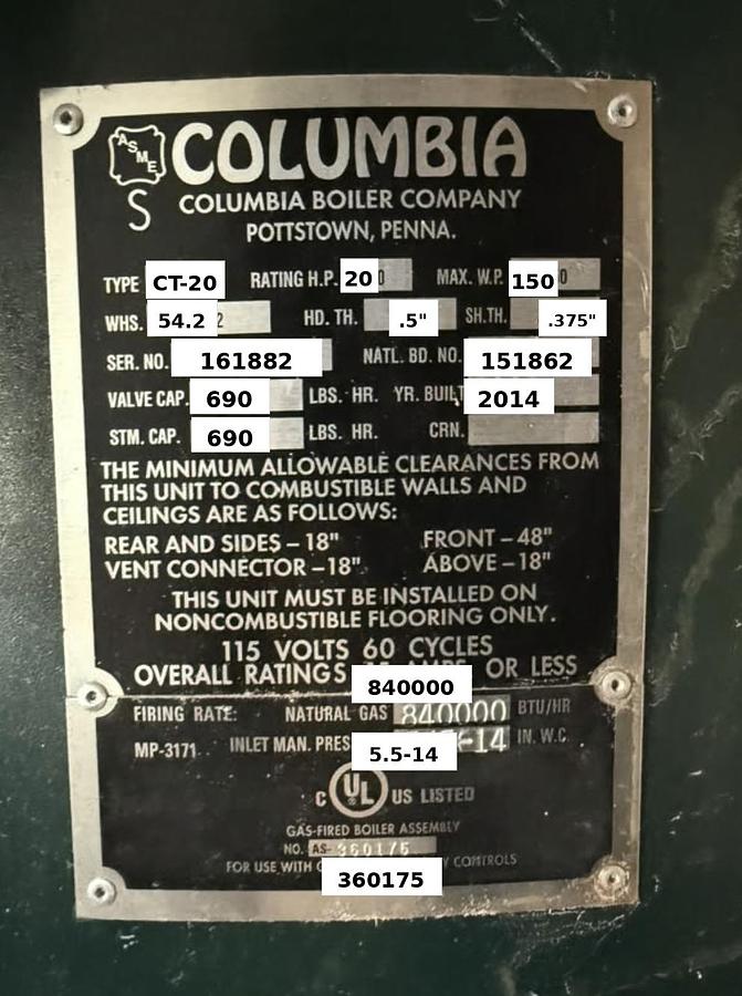 Used Used 2014 Columbia 20HP 150PSI Steam CT-20