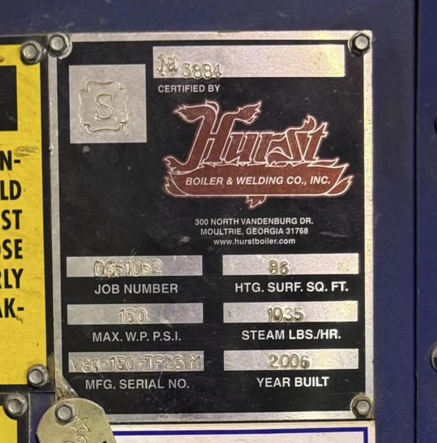 Used Used 2006 Hurst 4VT-X-30-150 30 HP 150 PSI Steam Boiler