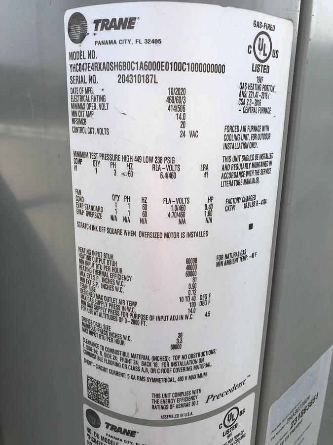 Used Trane Precedent 4-Ton Rooftop HVAC Unit RTU-9202 (2020)