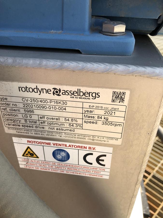 Used Rotodyne CV-250/400-P16K30 Centrifugal Fan with Vertical Discharge System (2021)